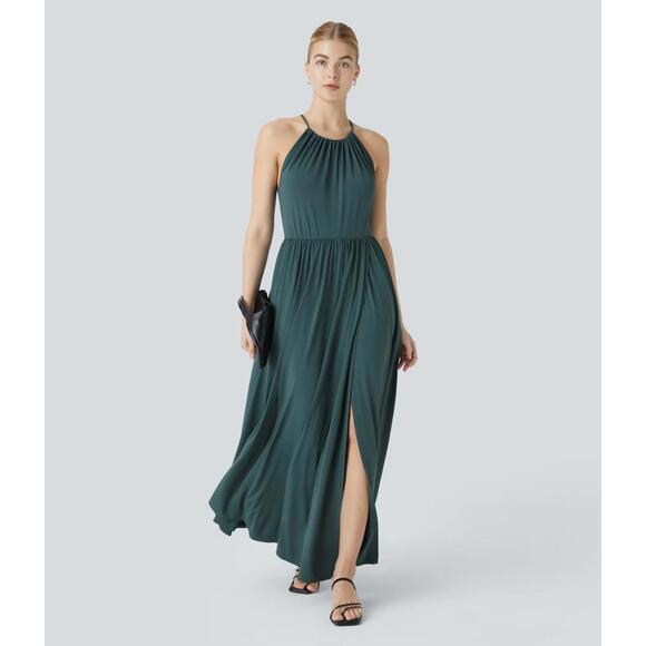 Halara Dresses & Skirts - NWT Halara Adjustable Halter Tie Pocket Hem Flowy Maxi Dress Verdiris XL